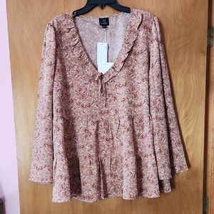 Cato Ruffle Neck Floral Blouse - Pink and White